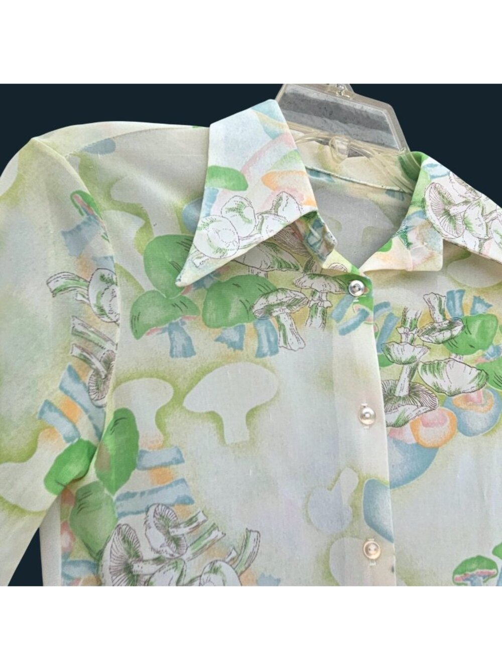 Vintage 70s Psychedelic Mushroom Print Nylon Shirt Green Sheer Unisex S